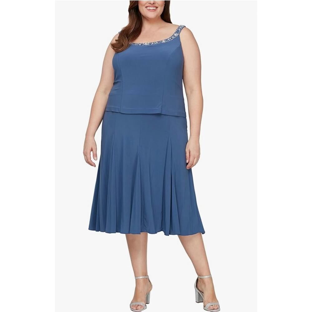 Alex Evenings Tea Length Dress Women's Petite 14P Blue Sequin Beaded Trim